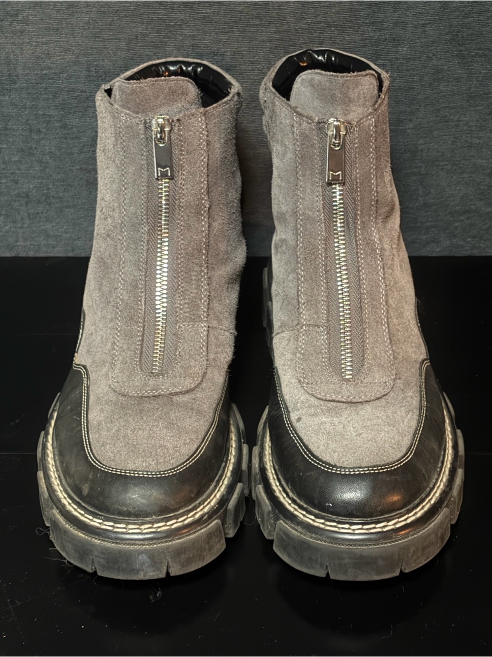 Marc Fisher Gray Suede Front-Zip Chunky Ankle Booties with Black Trim
